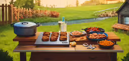 there is some food and drinks on a table,a large wooden table topped with bowls and dishes