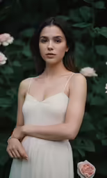 a young woman is posing with her hands behind her back