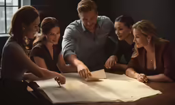 a group of people sit at a table together, one is pointing out a book