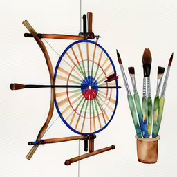 watercolor painting of a basket with many different objects in it,two wooden arrows sticking out of a painting