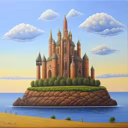 painting of a castle by the water with a sky background,a painting of a castle on a rock by the ocean