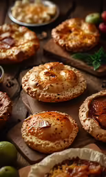 several different pizzas sitting on a wooden table with small bowls of fruit nearby