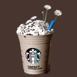 a starbucks cup with some sprinkles in it,the starbucks cup has some white cream on it