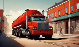 this is a digital drawing of a truck on the road,a red truck is parked in front of some buildings