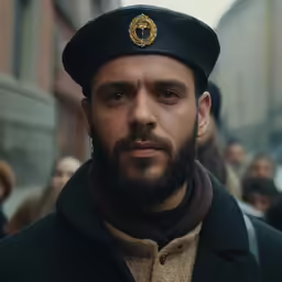 a man with a beard and mustache wearing a hat and a coat