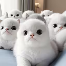 several stuffed animals sitting on top of a bed