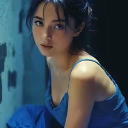the woman in a blue dress is staring into the camera