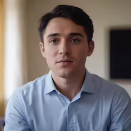 a young man wearing a blue shirt looks at the camera