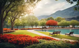 a painting of two park benches beside a lake
