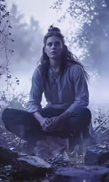 a person sitting on the ground next to rocks and trees