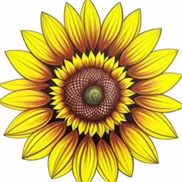 a drawing of a sunflower with some colored spots,a flower with a green center in the middle