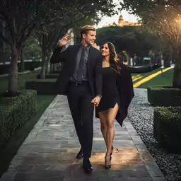 a man and woman walking along a path holding hands