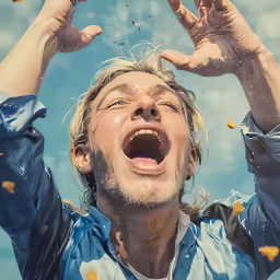 a man standing with his hands above his head and some food