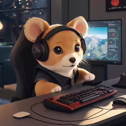 a stuffed animal sitting in front of a computer