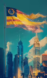 a picture of a city with a flag above the skyline