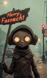 a creepy sign with goggles has been replaced by a human figure