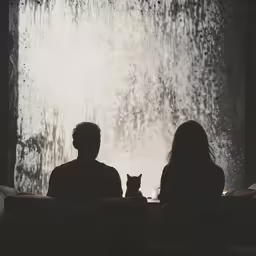 two people sitting in front of a large rain curtain