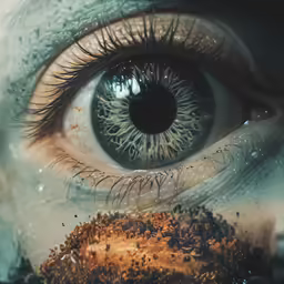 an open green eye surrounded by tiny grains