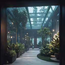 a patio has pots with plants, lighting and lights