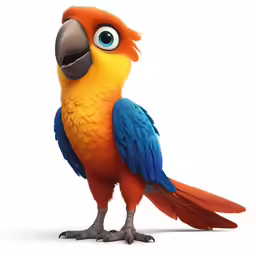 a blue and orange parrot standing next to an orange parrot