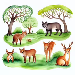 this is a picture of several animals in the woods,the image is showing an image of different animals,a drawing of deers standing next to each other,an image of various animals in the grass,three different types of animals and trees