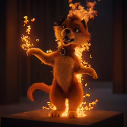 a toy is made with fire while standing on its hind legs