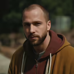 the man has beard and a brown hoodie on