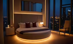 a bed sits in the center of a large room with lights on