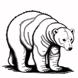 a bear is walking down the street with its paws on his back,a bear is standing on one leg in black and white,the brown bear is walking across the ground,an illustration of a bear, standing and staring down,a drawing of a bear walking through the grass