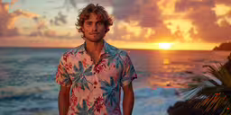 a man posing for a photo with the sunset in the background,a man standing in front of the ocean at sunset