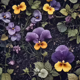 a close up of purple and yellow flowers