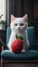 white cat sitting on a chair and holding a strawberries