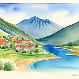 /tmp/FOODkdKRi.jpg = a painting of a valley with mountains in the background
,/tmp/FOODkdKRi.jpg = a painting depicting a rural area and a mountain view
,/tmp/FOODkdKRi.jpg = painting of a scenic area with water
,/tmp/FOODkdKRi.jpg = painting of small village on shore with mountain range in background
,/tmp/FOODkdKRi.jpg = painting of a beautiful landscape with a river and small town
,/tmp/FOODkdKRi.jpg = watercolor painting of a scenic landscape featuring houses on a hillside overlooking a river
,/tmp/FOODkdKRi.jpg = a watercolor painting of the mountains, and houses

