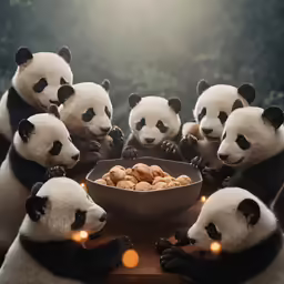 pandas sitting around a dinner table with food