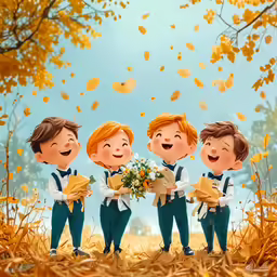 an illustration of three boys standing in front of fall leaves