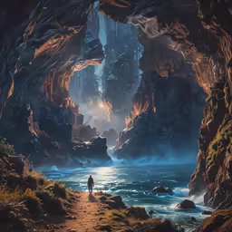 a man is standing in the middle of a cave looking at the ocean
