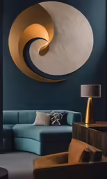 a large golden and blue wall with a circular sculpture on it