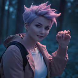 a girl wearing a pink punk rock look looks up at the camera with a sad look on her face