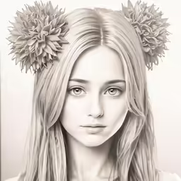 a black and white portrait of a young blonde with large flower decorations on her head