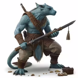 a troll with big eyes, an outfit, and a sception with a large weapon