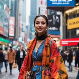 two young women smile in a busy city