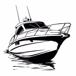 a boat floating on water, black and white
