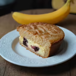 a piece of waffle with blueberry filling on top sits on a plate next to a banana