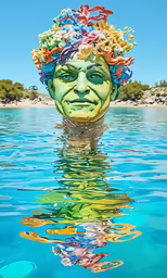 a fake creature made of many different colors in the water