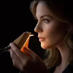 a woman holding a lit match lighter in her hand