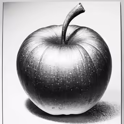 a black and white photo of a shiny apple