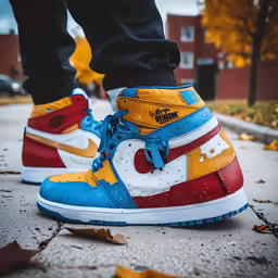 a person wearing sneakers and pants is standing on the sidewalk