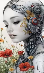 a woman with a mechanical head and flowers on her face