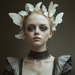a girl wearing a choker and feathers on her head
