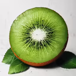 a half eaten kiwi sitting on top of a leaf